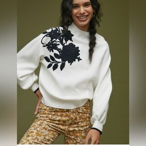 Anthropologie White Sweater with Black Floral Design